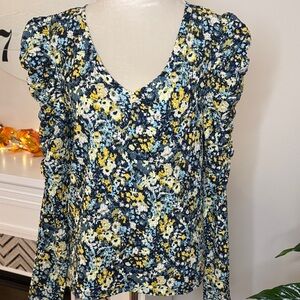 LOFT Floral Ruffle Sleeve Blouse - Blue and Yellow